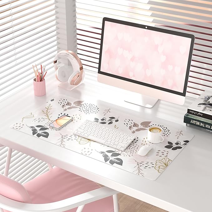 QIYI Large Mouse Pad for Desk, Cute Desk Mat for Desktop, Women Girls Office Décor Desk Accessories, PU Leather Waterproof Gaming Mousepad, Boho Botanical Desk Pad Computer Mat, 31.5" x 15.7"