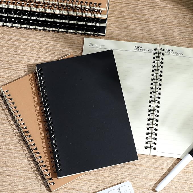 Leelosp 12 Pack Small Spiral Notebook A5 Lined College Ruled Spiral Journal Notebook 5.5 x 8.3 Inch Kraft Cover, 120 Pages for Work Students Office Business(Brown, Black)