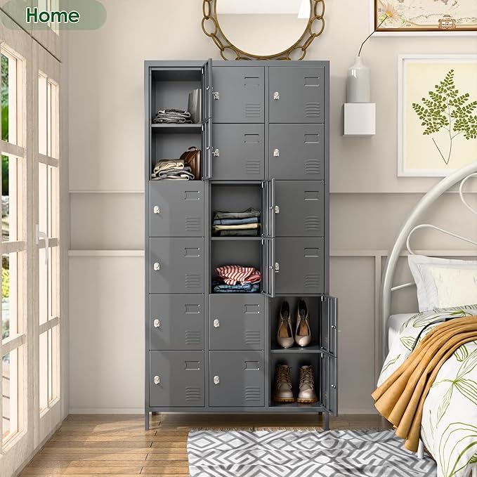 SUPEER Metal Lockers for Employees with 18 Door,Metal Storage Locker with Lock for School Garage Gym Office Home Bedroom,Assembly Required,18 Doors Dark Grey