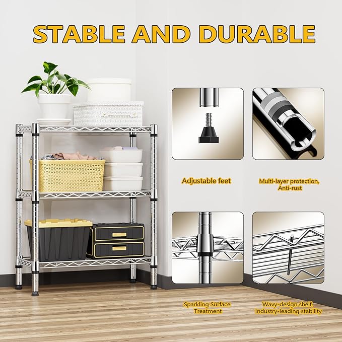 M MZG 750 lbs 3 Tier Shelf Metal Storage Shelves Wire Rack Closet Organizers for Garage Kitchen Bathroom Laundry Chrome 11.8" D x 25.6" W x 31.5" H