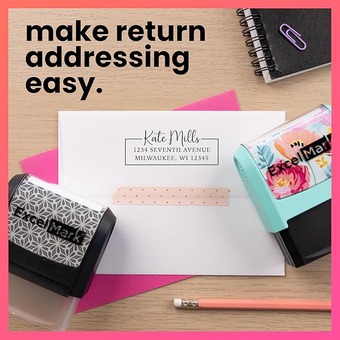 ExcelMark Address Stamp - Custom Return Address Stamp with Elegant Designs, Vibrant Colors & Patterns – Perfect for Mail, Invitations & Gifts (Peach Mount, Signature Frame)