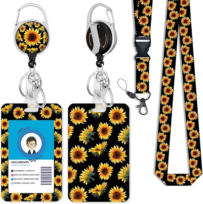 Cute Sunflower Badge Reel Retractable Heavy Duty with 360 Degrees Rotate Carabiner Clip, ID Badge Holder with Detachable Lanyard, ID Holder ID Clip Name Badge Keychain, Nurse Teacher Offfice Gifts