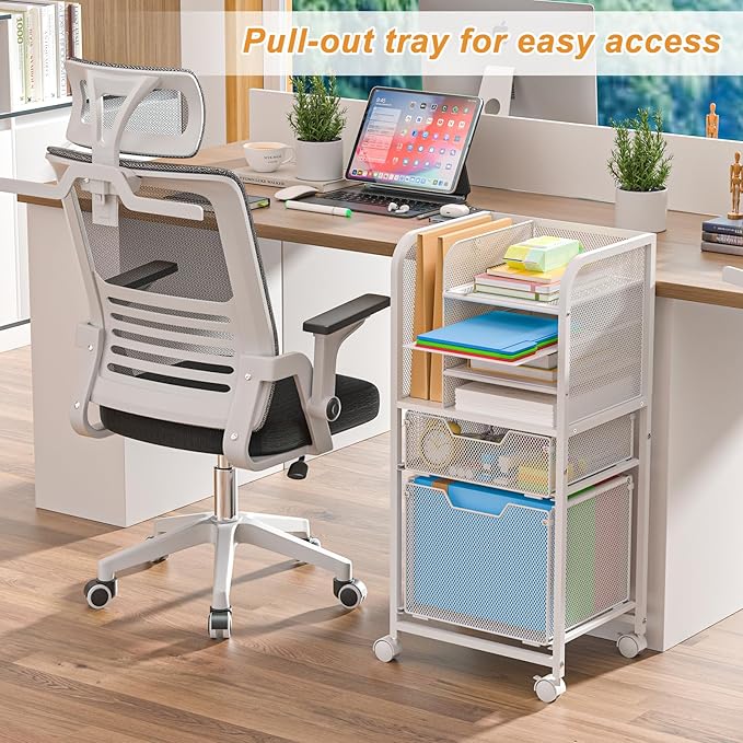 Feyejade Rolling File Cart with 2 Drawers, White File Cabinet Organizer for Hanging File Folders, Letter-Size File Storage with Wheels, Multi-Layer Mobile Filing Cabinet for Office and Home, White
