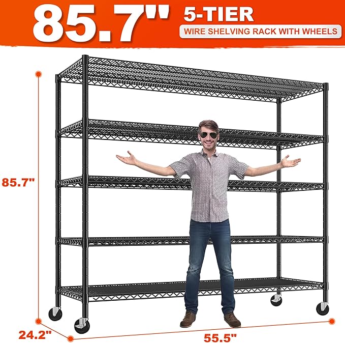 REIBII 85.7"H Garage Shelving 2998LBS Storage Shelves with Wheels&Feet,5 Tier Garage Shelves Heavy Duty Adjustable Wire Shelving for Basement Commercial Industrial Pantry, 85.7"H X 55.5"W X 24.2"D