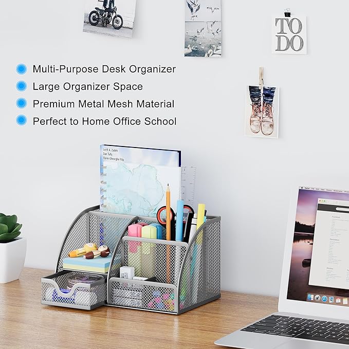EasyPAG Mesh Desk Organizer with Drawer Multi-functional Pen Holder Stationery Organizer for Office School Supplies 6 Compartments Dorm Organizers and Storage for Desk, Silver