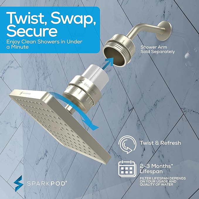 SparkPod Luxury Filtered Shower Head Set 23 Stage Shower Filter - Reduces Chlorine and Heavy Metals - High Pressure Showerhead Filter (8" Square, Elegant Brushed Nickel)