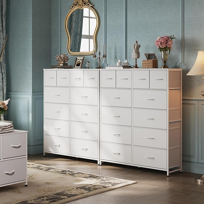 WLIVE Tall White Dresser for Bedroom with 12 Drawers, Dressers & Chests of Drawers, Fabric Dresser for Closet, Living Room, Storage Dressers with Storage Drawers, Steel Frame, Wood Top