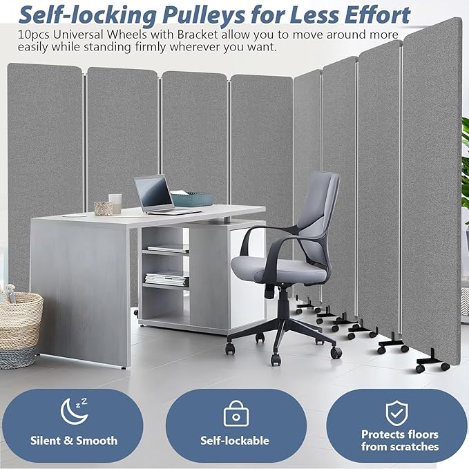 Acoustic Room Divider Privacy Panel with Wheels, 4 Panel Soundproof Room Divider (Aluminum Frame) for Room Partition, Folding Room Dividers Separation Office Cubicle Wall Sound Proof Partition Divider