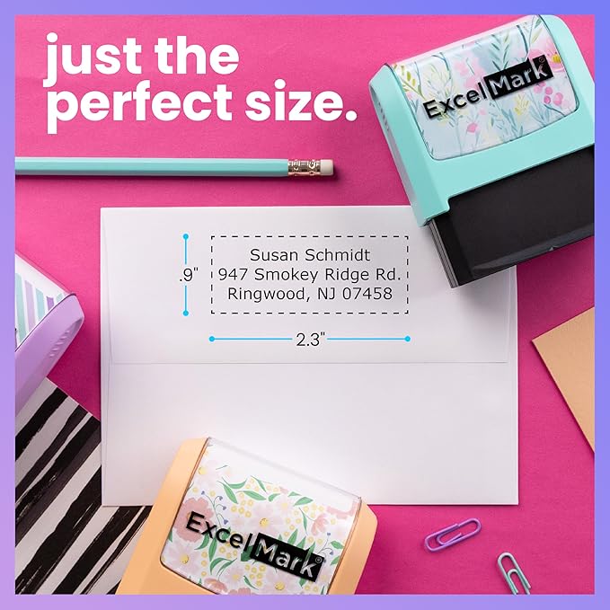 ExcelMark Address Stamp - Custom Return Address Stamp with Elegant Designs, Vibrant Colors & Patterns – Perfect for Mail, Invitations & Gifts (Black Mount, Custom)