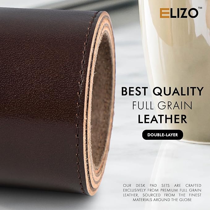 Elizo Leather Desk Mat Desk Pad Blotter Set - Real Full-Grain Leather (32x16) 2-Layer Genuine Desk Cover Protector & Large Mouse Pad | Computer Keyboard Desk Accessories for Office & Home