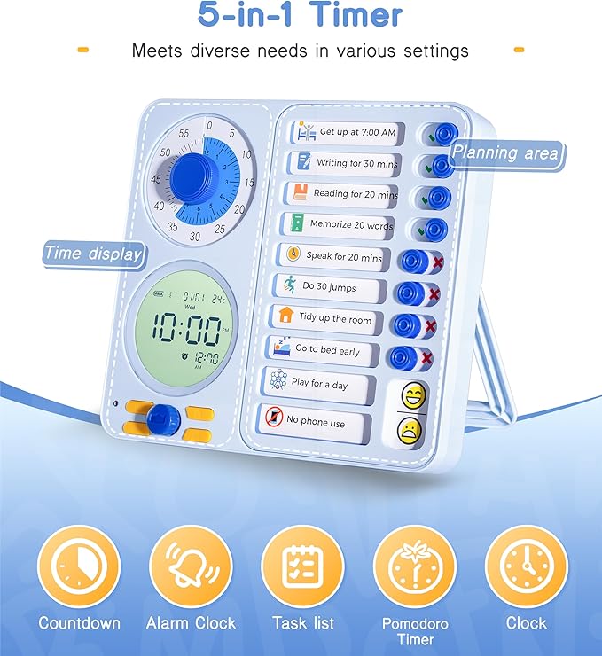 3-in-1 Visual Timer Task Timer with Chore Chart Board, ADHD Tool for Kids Adults Visual Schedule for Kids with Autism, Daily Checklist for Home, School, Classroom, Desk, Chore Chart