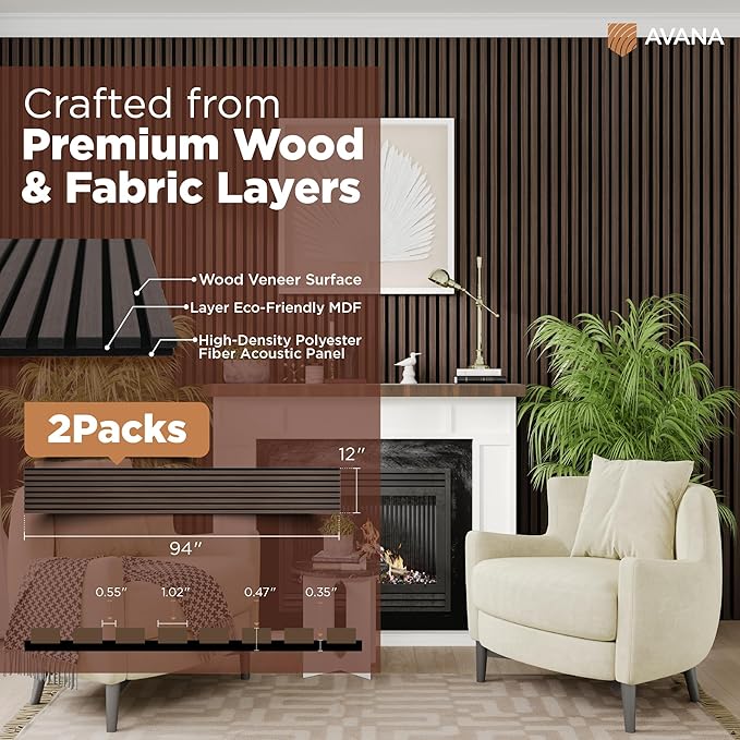 Avana Acoustic Wood Wall Panels – 94.4 x 12.6 Inch Dark Walnut Acoustic Panels 2 PCs – Wall Panels For Interior Wall Decor for Homes, Offices, Studios – Aesthetically Pleasing Wood Panels For Wall