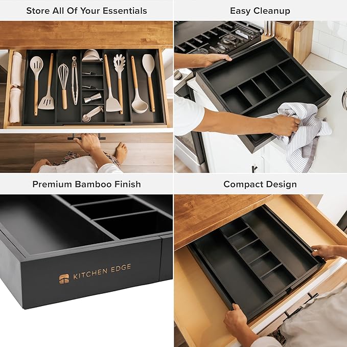 KitchenEdge Adjustable Kitchen Drawer Organizer for Utensils and Junk, Food-Safe Contract Grade with 100% Sustainable Wood, Expandable from 16 to 28 Inches Wide - Black Bamboo