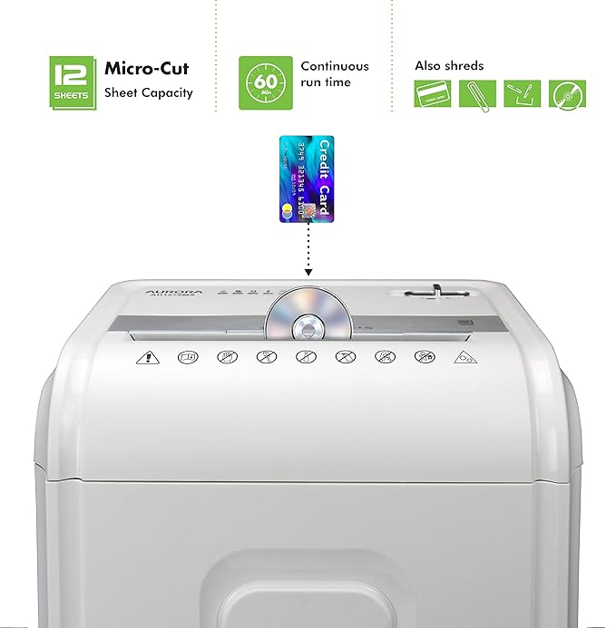 Aurora AU1275MA Professional Grade 12-Sheet Micro-Cut Paper and CD/Credit Card Shredder/ 60 Minutes Continuous Run Time, White/Gray
