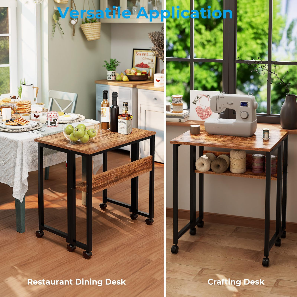 Folding Desk with Wheels, 24.8 Inch Compact Rolling Computer Table with Storage Shelf, Portable Mobile Workstation for Small Spaces, Easy Assembly,Walnut