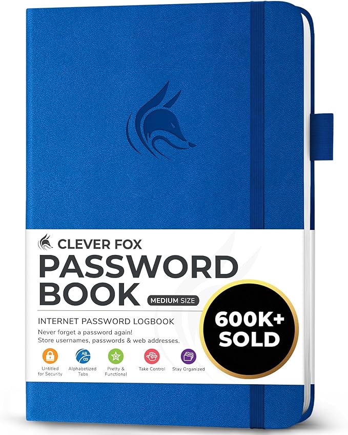 Clever Fox Password Book with alphabetical tabs. Internet Address Organizer Logbook. Medium Password Keeper for Website Logins (Royal Blue)