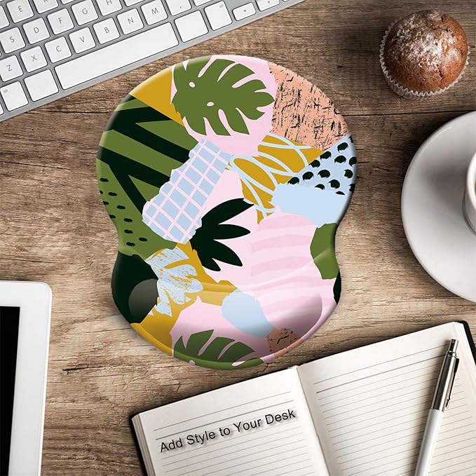 ITNRSIIET Ergonomic Mouse Pad with Gel Wrist Support Small Wrist Rest Smooth Surface Non-Slip PU Base Comfortable Office Supplies Pain Relief, 8.7 x 7.2 inches, Abstract Leaves