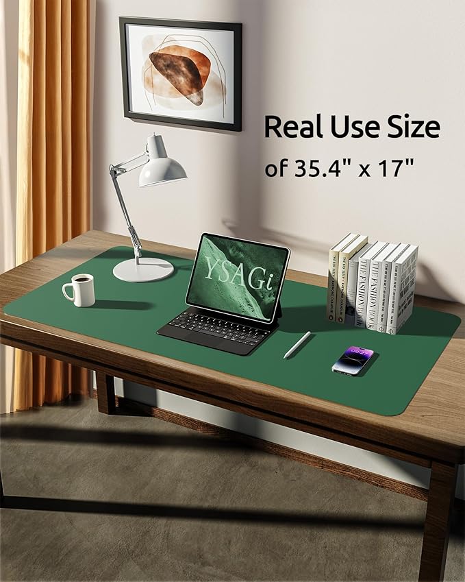 YSAGi Leather Desk Pad Protector, Office Desk Mat, Large Mouse Pad, Non-Slip PU Leather Desk Blotter, Laptop Desk Pad, Waterproof Desk Writing Pad for Office and Home (Jade Green, 35.4" x 17")
