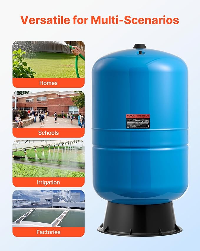 VEVOR 30-Gallon Vertical Well Pressure Tank, Pre-Charged Pressurized Water Tank for Well Pumps, Heavy-Duty Carbon Steel Water Storage Container for Home, School, Farm & Irrigation Systems