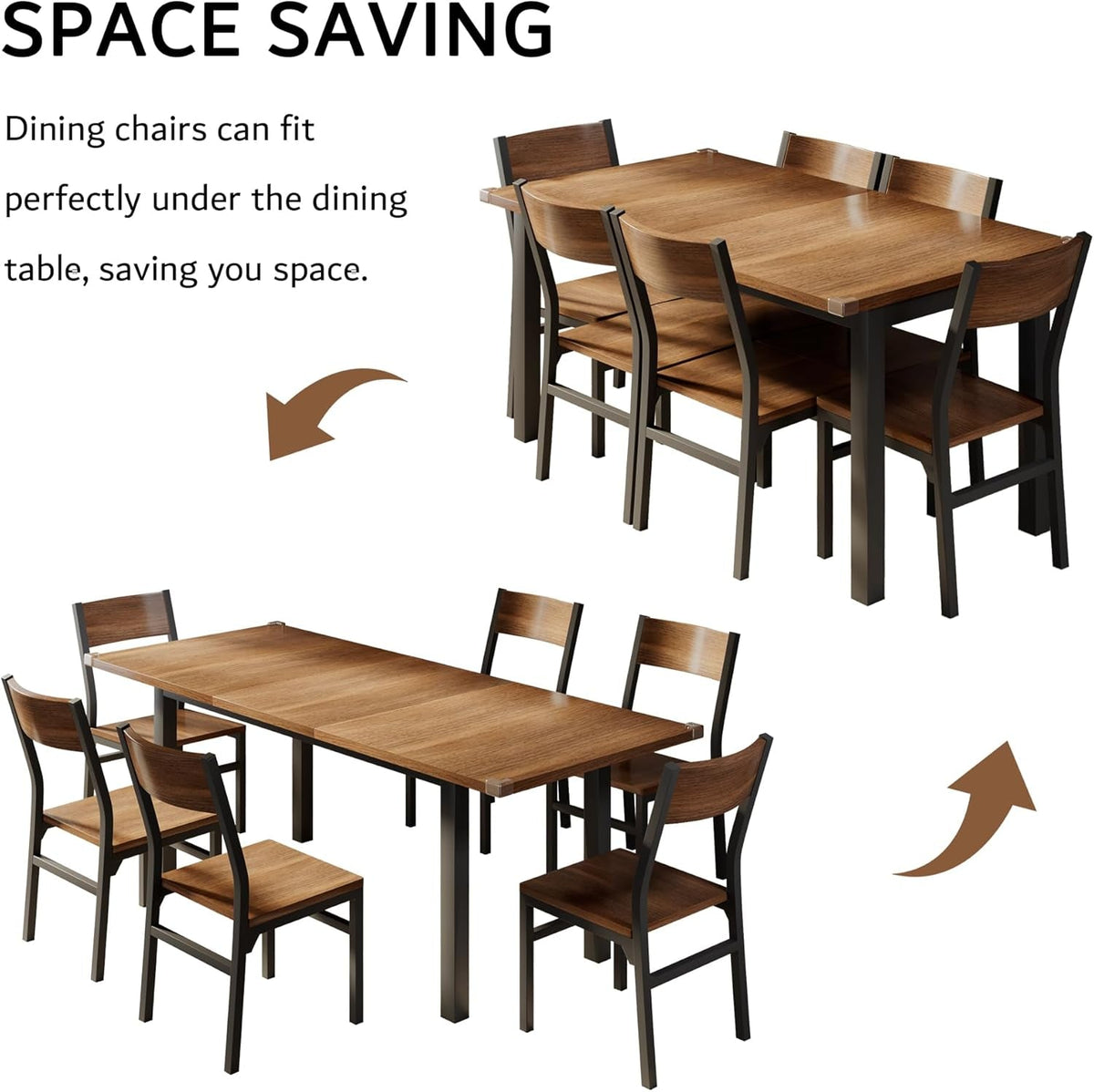7-Piece Dining Table Set with 6 Chairs, 63" Extendable Kitchen Table & Chairs Set for 4-6, Dining Roomtable with Solid Metal Frame & MDF Board, Perfect for Small Space, Easy Assembly, Walnut