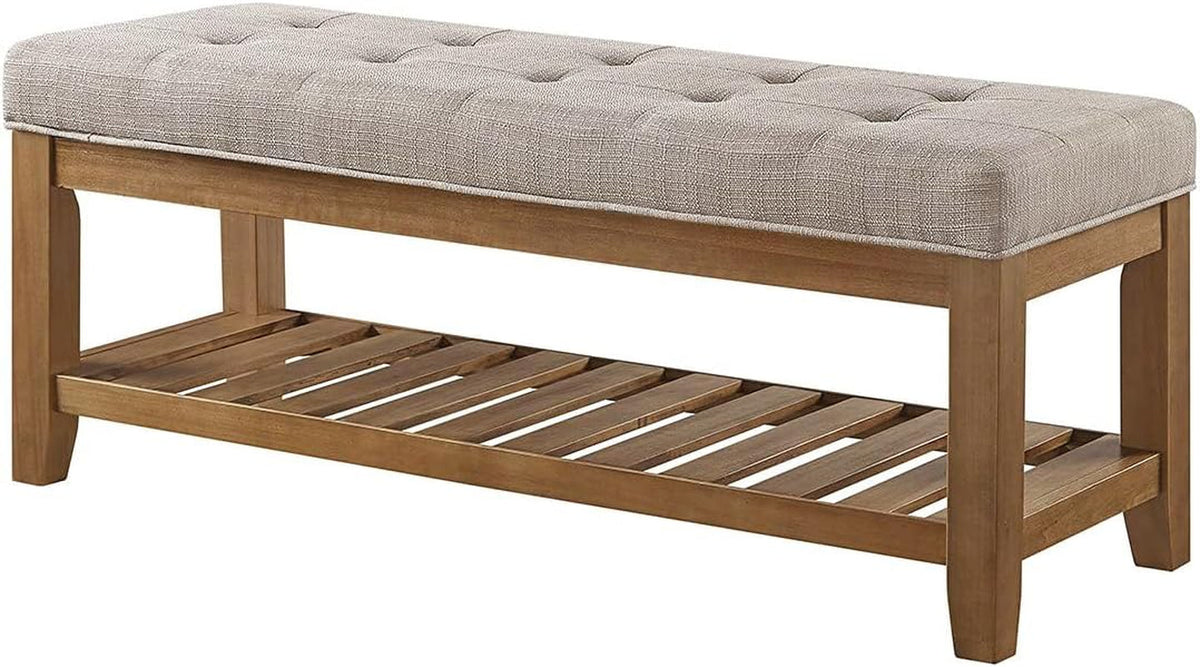 Large Rectangular Upholstered Tufted Linen Fabric Ottoman Bench, Padded Bench with Solid Wood Shelf-Linen