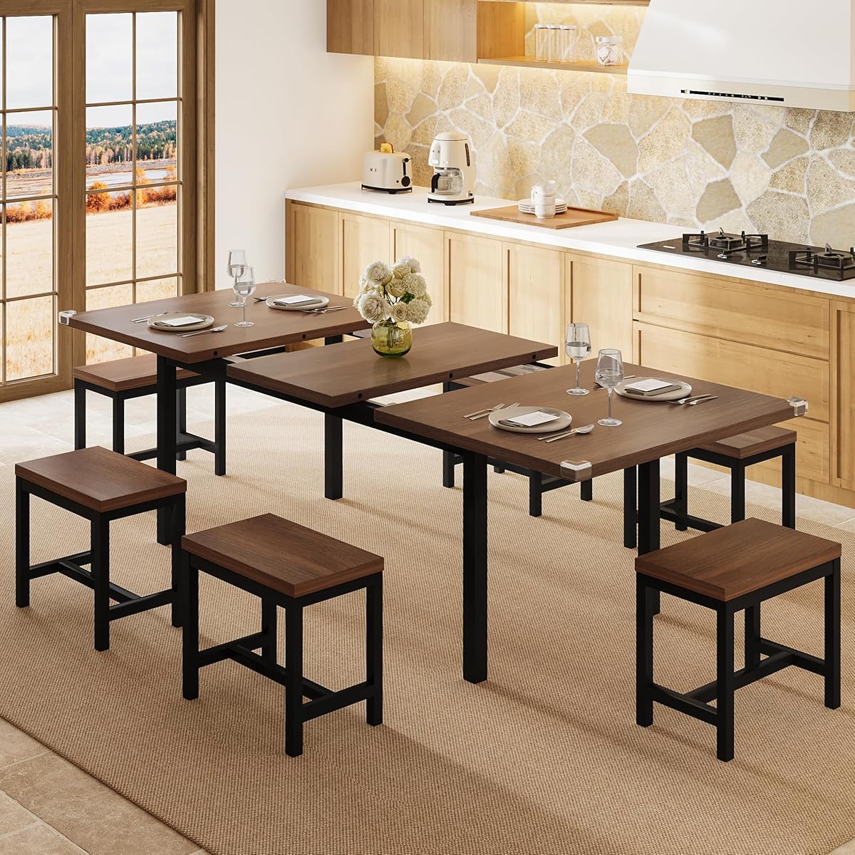 7-Piece Dining Table Set, 63" Extendable Kitchen Room Table with 6 Stools, Mid Century Modern Dinner Table with Metal Frame & MDF Board, Space-Saving, Easy Assembly, Walnut