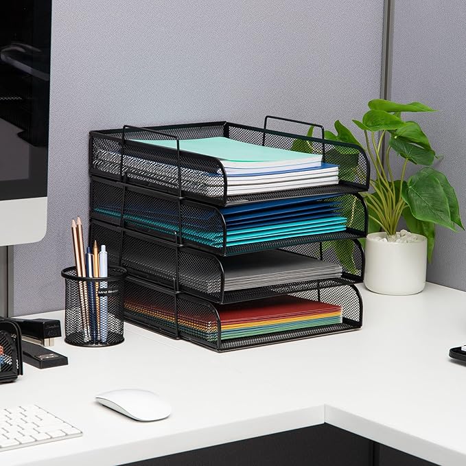 Mind Reader Stackable Paper Tray, Desktop Organizer, File Storage, Office, Metal Mesh, 10.5" L x 13.5" W x 11.25" H, 4 Pcs., Black