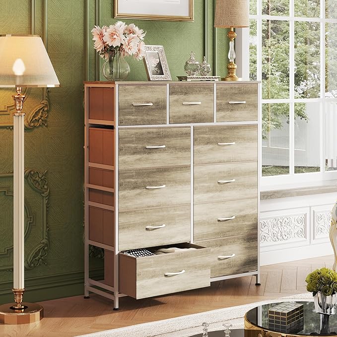 WLIVE Tall Dresser for Bedroom, Fabric Dressers Storage Tower, Dresser & Chest of Drawers Organizer Unit with 11 Drawers, Storage Cabinet, Hallway, Closets, Steel Frame, Wood Top, Greige