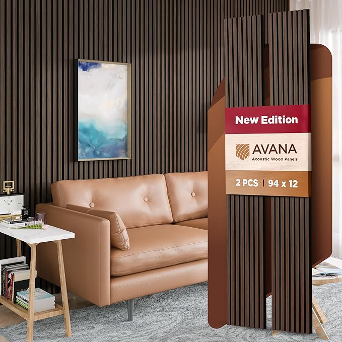 Avana Acoustic Wood Wall Panels – 94.4 x 12.6 Inch Dark Walnut Acoustic Panels 2 PCs – Wall Panels For Interior Wall Decor for Homes, Offices, Studios – Aesthetically Pleasing Wood Panels For Wall