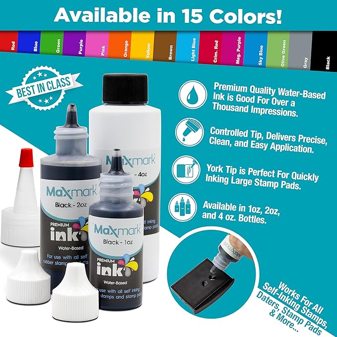 MaxMark Premium Refill Ink with Control Tip Bottle for Self-Inking Stamps, Pink Color - 1 oz.
