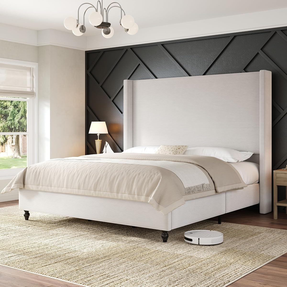 Queen Upholstered Bed Frame with 63" Headboard & Wingback, Cream