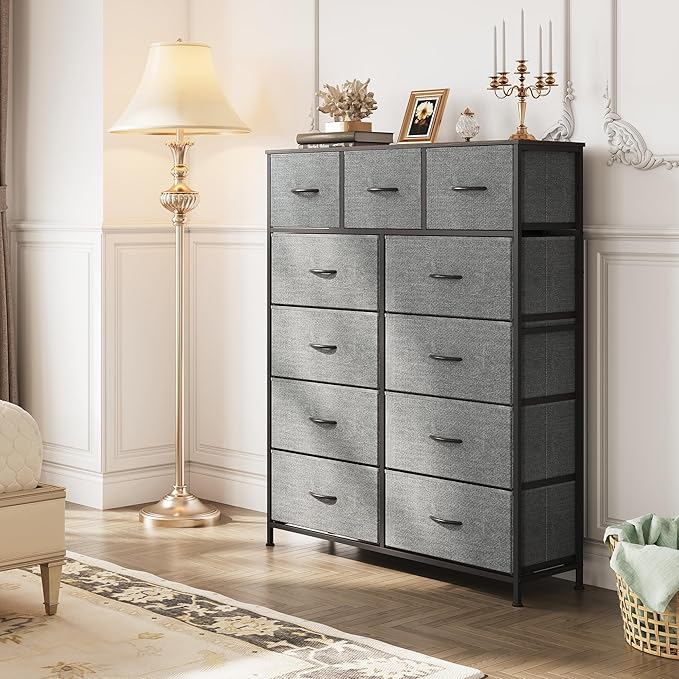WLIVE Tall Dresser for Bedroom, Fabric Dressers Storage Tower, Dresser & Chest of Drawers Organizer Unit with 11 Drawers, Storage Cabinet, Hallway, Closets, Steel Frame, Wood Top, Dark Grey