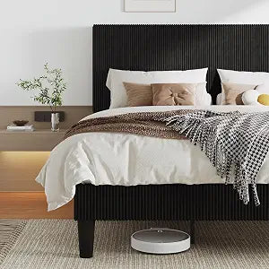King Bed Frame, Corduroy Tufted Headboard, Black
