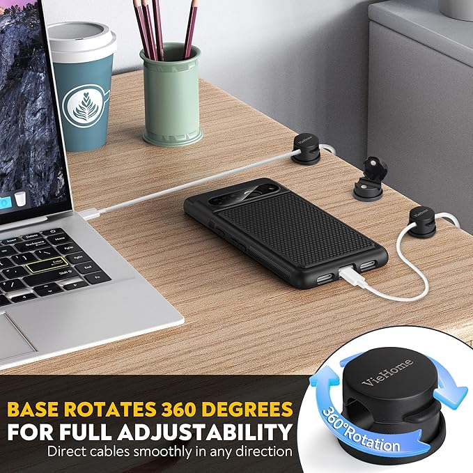 VieHome 8 Pack Magnetic Cable Management Clips - Ideal Cord Holder for Nightstand, Desk, Charger Holder - Phone Cord Holder w/360 Rotation