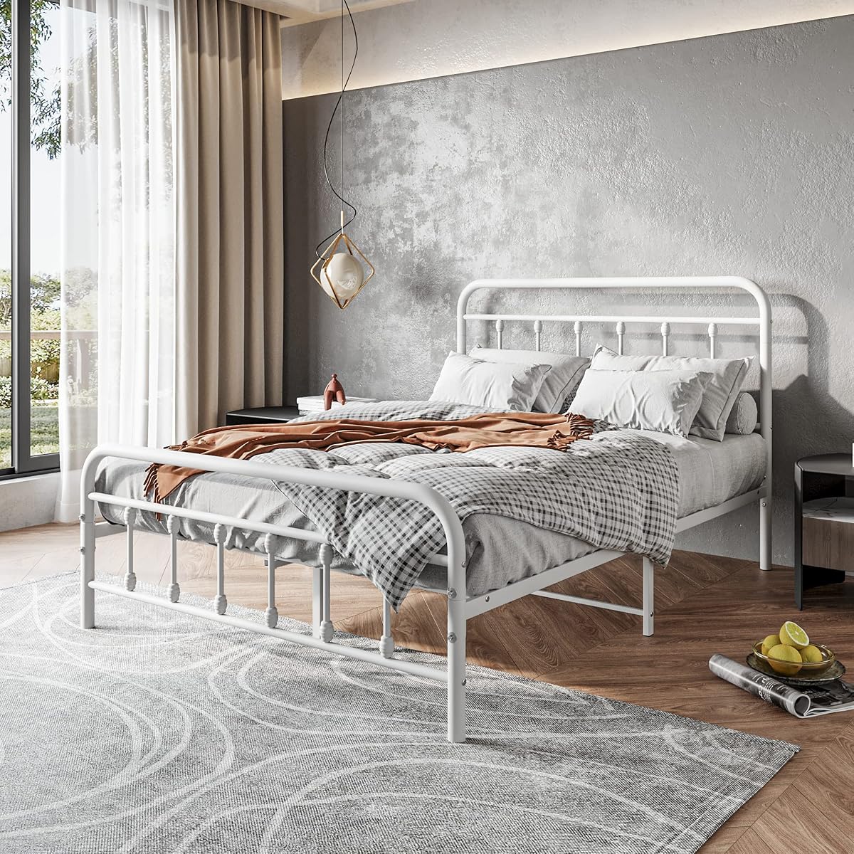 Full Size Bed Frame with Headboard and Footboard Vintage Metal White