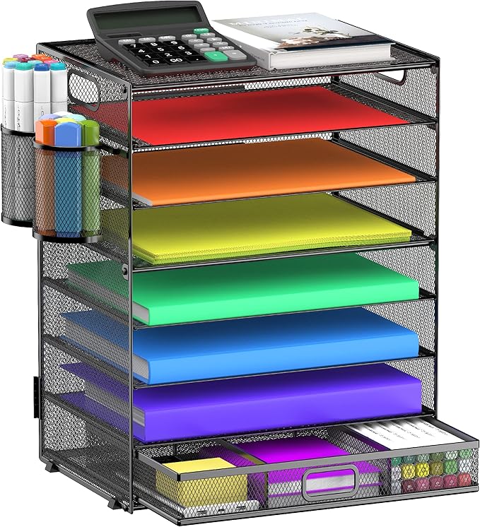GoldOrcle 8 Tier Paper Letter Tray Organizer with Drawer & 2 Pen Holders, Mesh Desk File Holder Storage Organization for Home School Classroom & Office