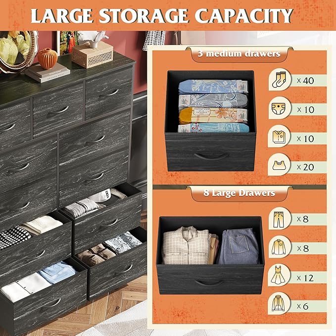 WLIVE Tall Dresser for Bedroom, Fabric Dressers Storage Tower, Dresser & Chest of Drawers with 11 Drawers, Storage Cabinet, Hallway, Closets, Steel Frame, Wood Top, Charcoal Black Wood Grain Print