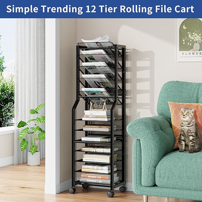 Simple Trending 12 Tier Rolling File Cart,Desk File Organizer with Sliding Trays and Wetal Mesh Paper Letter Storage Multi Functional Rolling Clutter Cart for Office, Home, School, Black