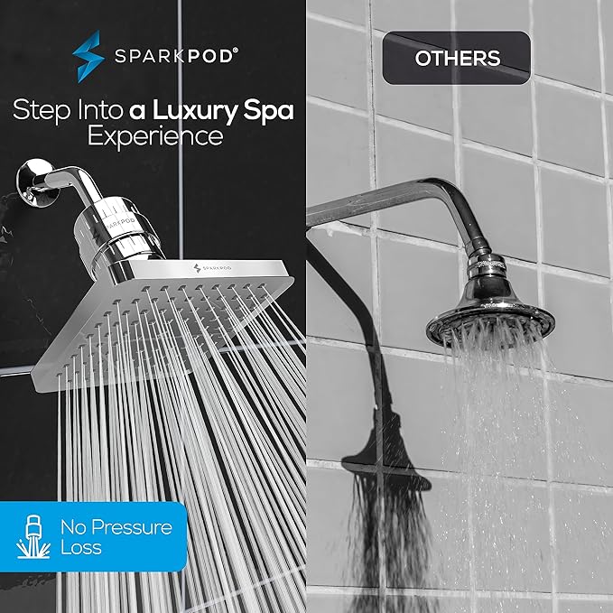 SparkPod Luxury Filtered Shower Head Set 23 Stage Shower Filter - Reduces Chlorine and Heavy Metals - High Pressure Showerhead Filter (8" Square, Luxury Polished Chrome)