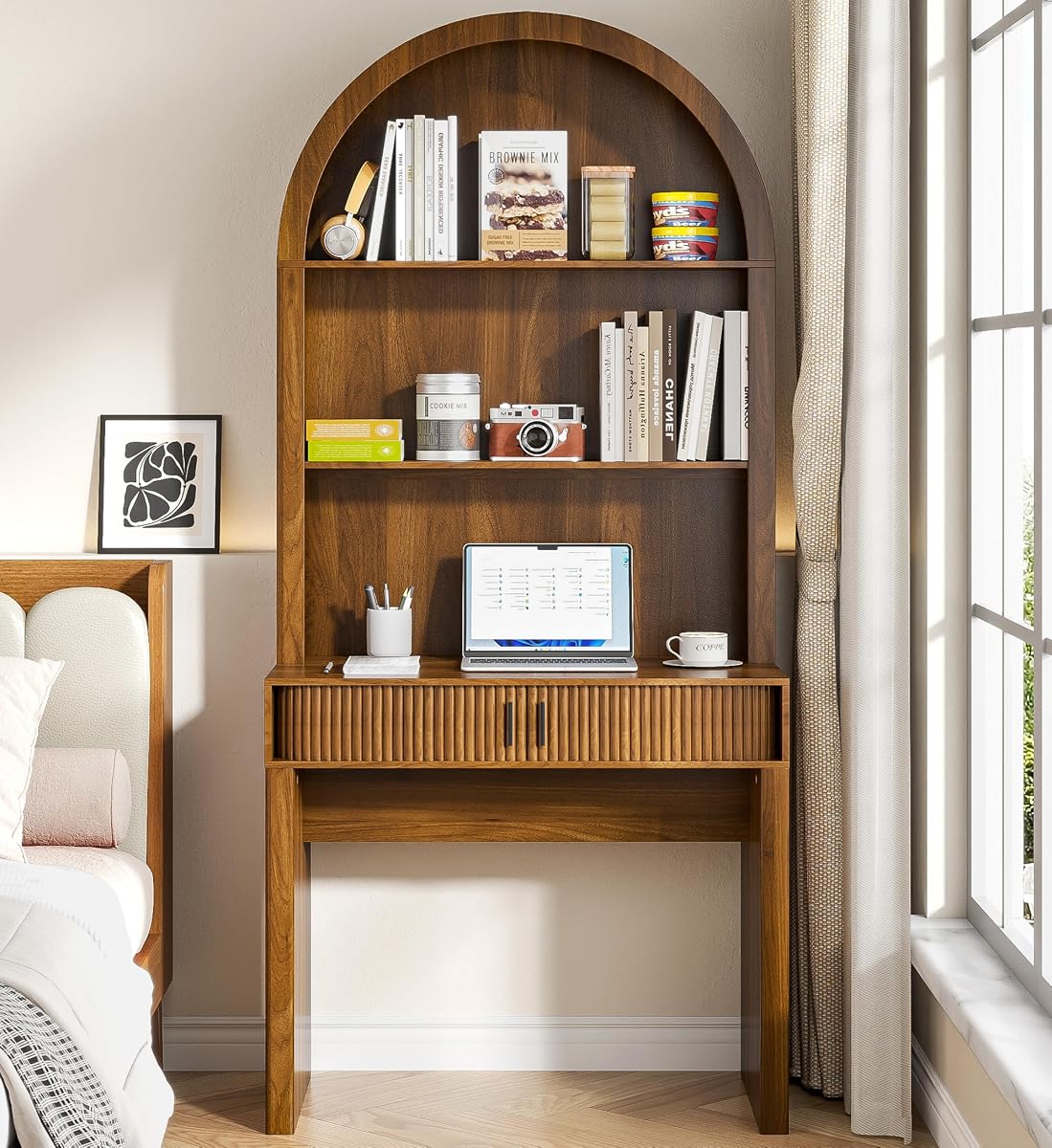 75'' Arched Computer Desk with Hutch, Home Office Desk, Walnut