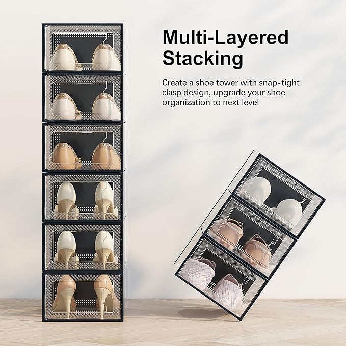 SEE SPRING 12 Pack Shoe Storage Box, Clear Plastic Stackable Shoe Organizer for Closet, Space Saving Shoe Rack for Entryway Sneaker Container Bin Holder (Black)