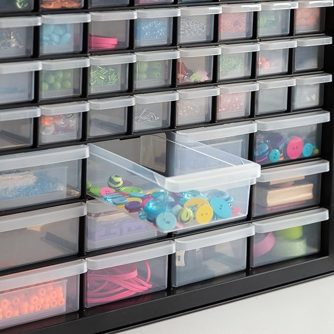 IRIS USA Screw Tool Organizer Small Parts Cabinet, 44-Drawer, Electronics Hardware Nuts and Bolts Plastic Storage Drawers Garage Storage, Stackable Bead Craft Organizer Building Bricks Sorter, Black