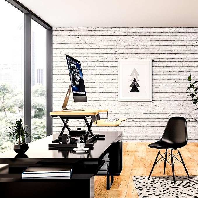 VRSADESK PowerPro™ Electric Standing Desk Converter - Height Adjustable Desk Riser with Keyboard Tray & USB Hub - Holds 80 lbs - Ergonomic Sit Stand Workstation for Home & Office | Maple (40” x 24”)