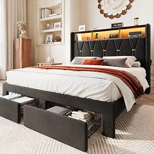 Queen Bed Frame, 2 Storage Drawers & 2-Tier Storage Headboard