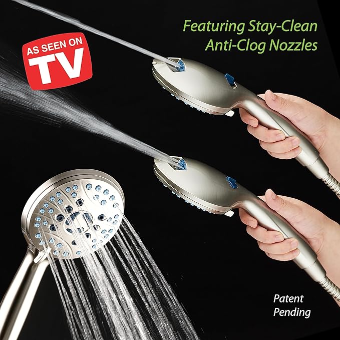 Hotel Spa AquaCare High Pressure 8-mode Handheld Shower Head - Anti-clog Nozzles, Built-in Power Wash to Clean Tub, Tile & Pets, Extra Long 6 ft. Hose, Wall & Overhead Brackets - 1.8 GPM