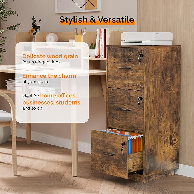 VINGLI 3 Drawer File Cabinet with Lock, Home Office Filing Organizer, for Letter Size File Folder Storage, Wood Tall Vertical Filing Cabinet, Printer Stand, Archivador (Rustic Brown)