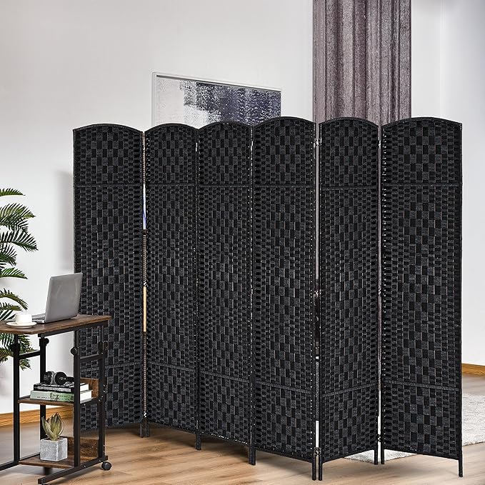 HOMCOM Room Divider, 6 Panel Folding Privacy Screen, 6FT Tall Portable Wicker Weave Partition Wall Divider for Bedroom, Home Office, Black
