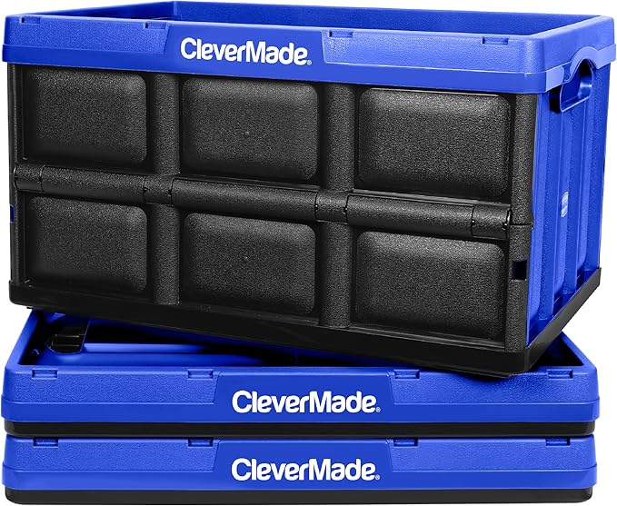 CleverMade Collapsible Storage Bins - Royal Blue 3 Pack 46L - Stackable Containers Heavy Duty Capacity Folding Crates - Space-Saving for Home