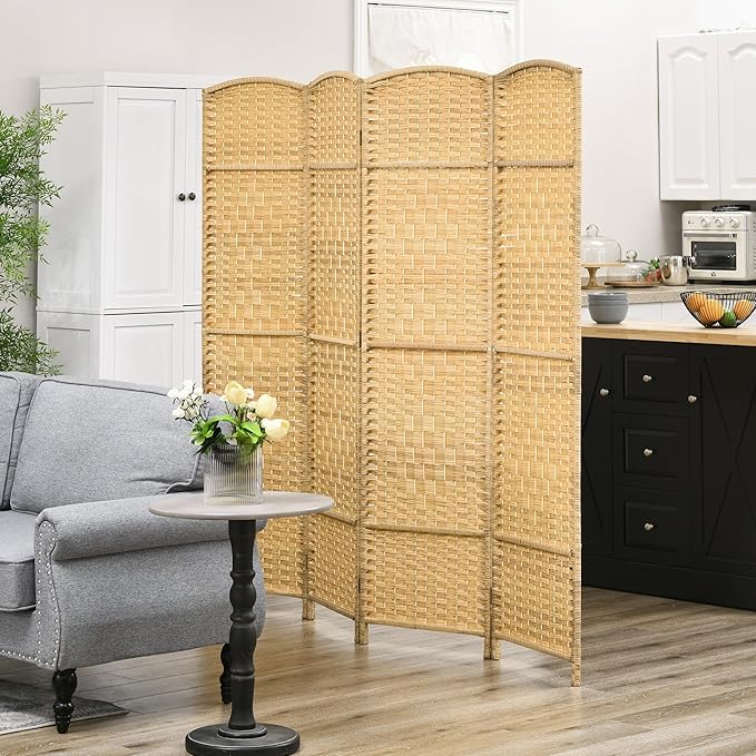 HOMCOM 4 Panel Room Divider, 6' Tall Folding Privacy Screen, Hand-Woven Freestanding Wood Partition for Home Office, Bedroom, Nature Wood