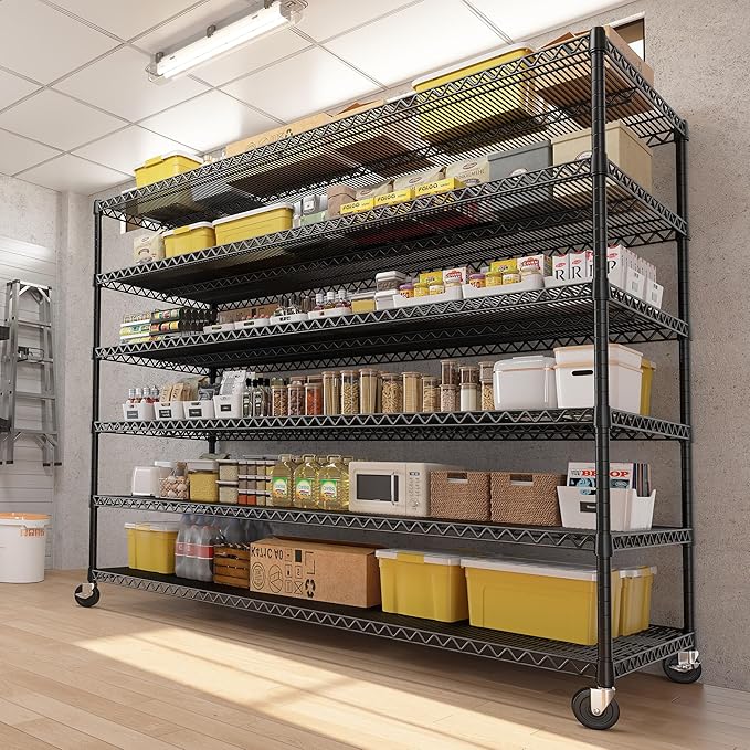 REIBII 60''W X 82.6" H Steel Heavy Duty Wire Shelving Unit with Wheels, 6-Tier Adjustable Storage Shelves 3598LBS Commercial Metal Shelves for Pantry, Garage, College Dorm Industrial Shelving, 2 Pack